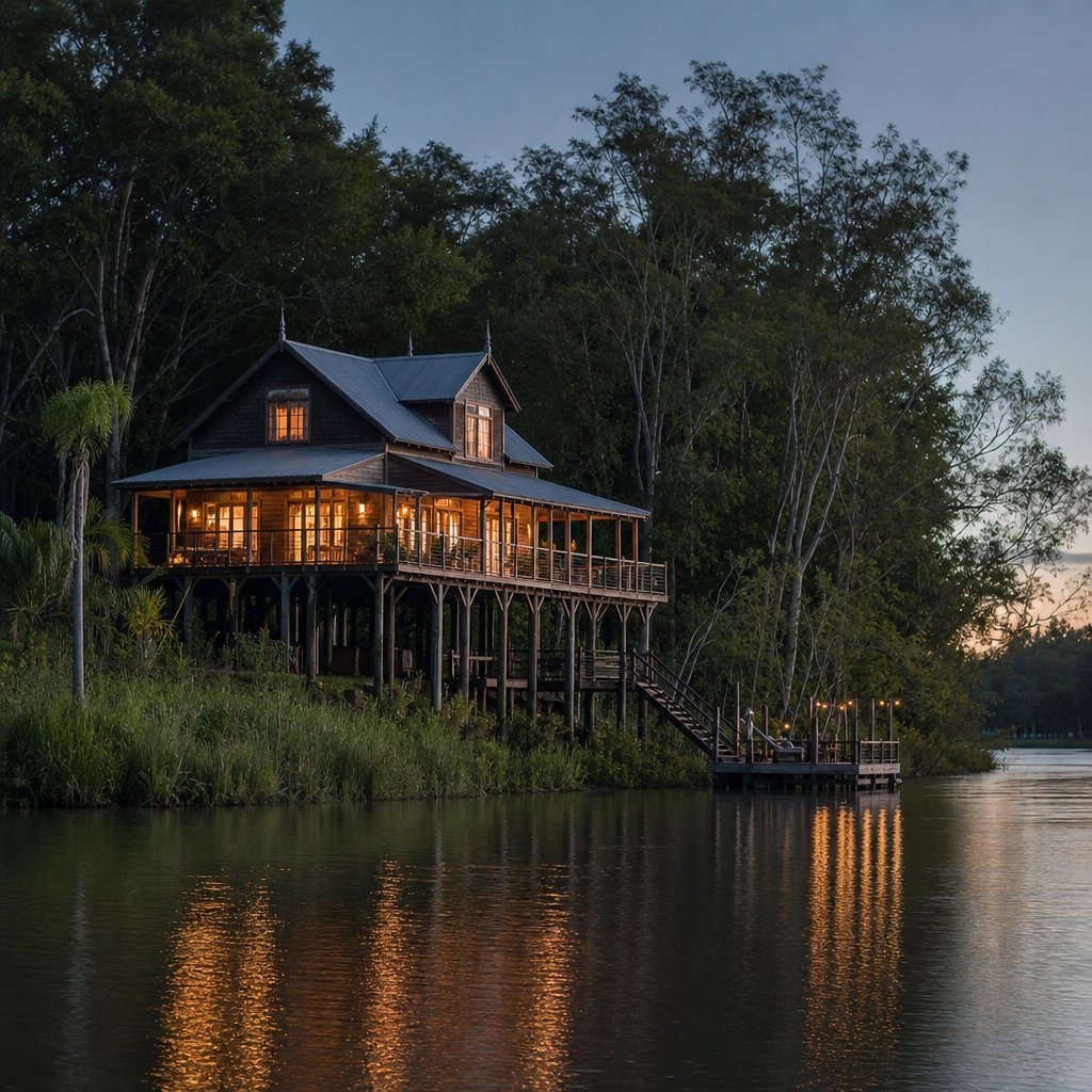 Casona de madera de dos pisos iluminada al anochecer junto a un arroyo del Delta del Tigre