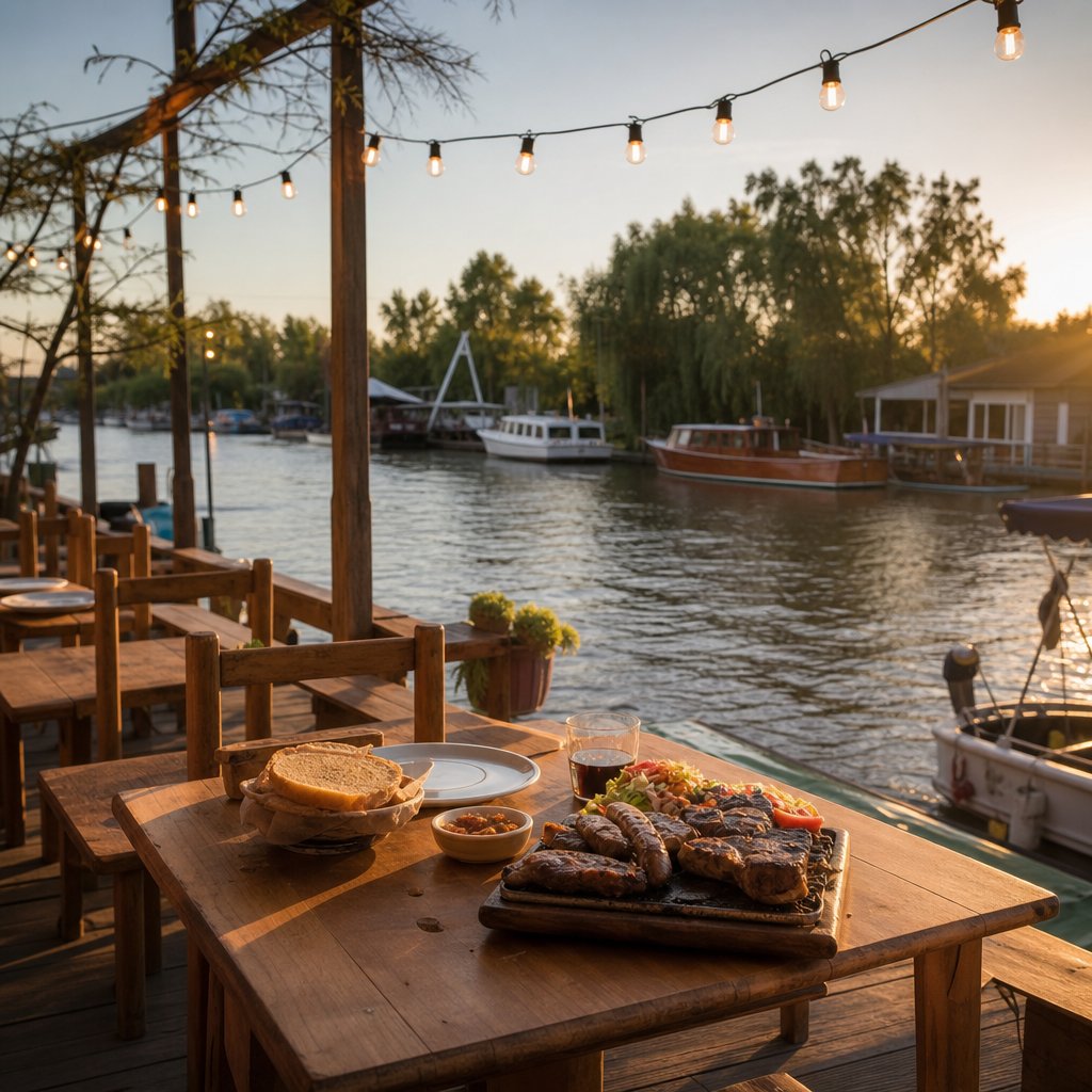Mesas de un recreo de isla junto al agua en el Delta del Tigre al atardecer
