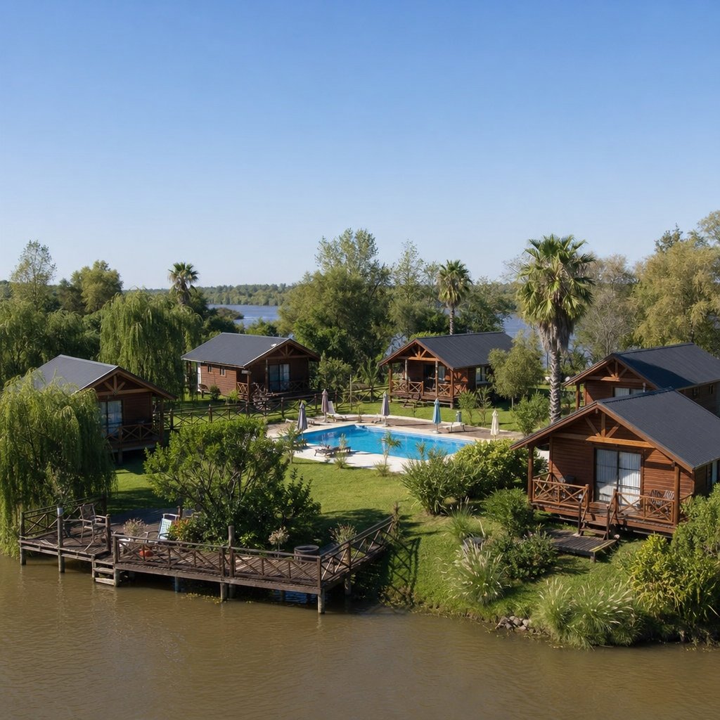 Cabañas de madera junto a una pileta en un complejo del Delta del Tigre