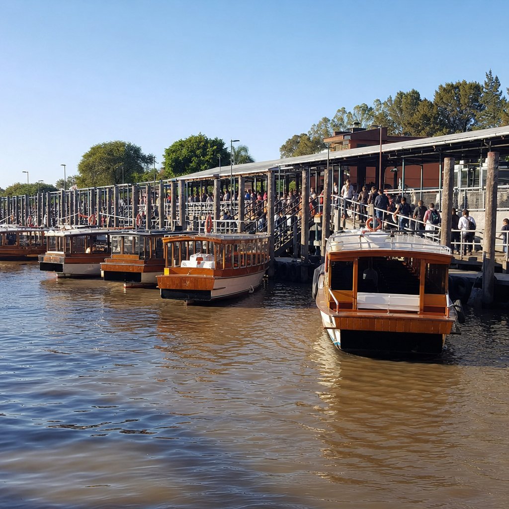 Lanchas colectivas de pasajeros amarradas en varios muelles numerados de la Estación Fluvial de Tigre por la mañana