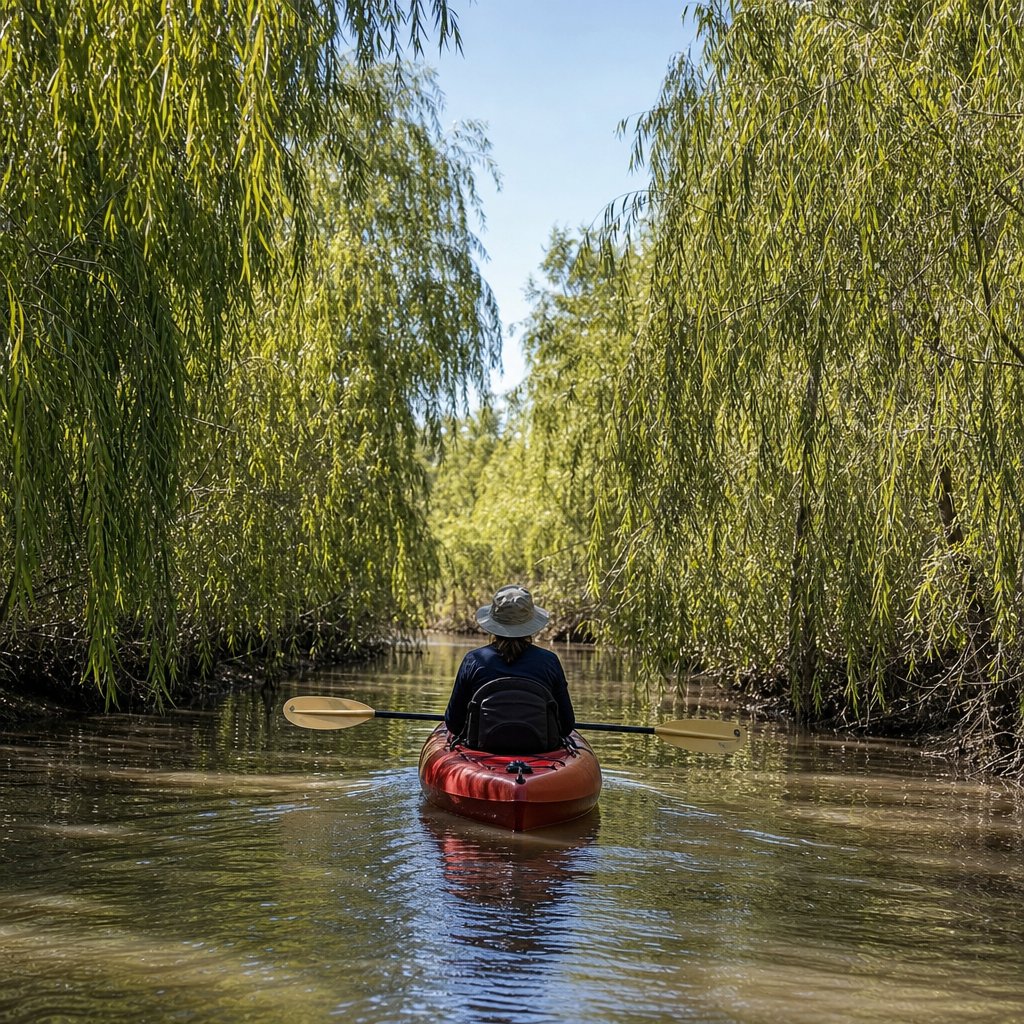 Kayak solo en un arroyo angosto del Delta del Tigre entre sauces
