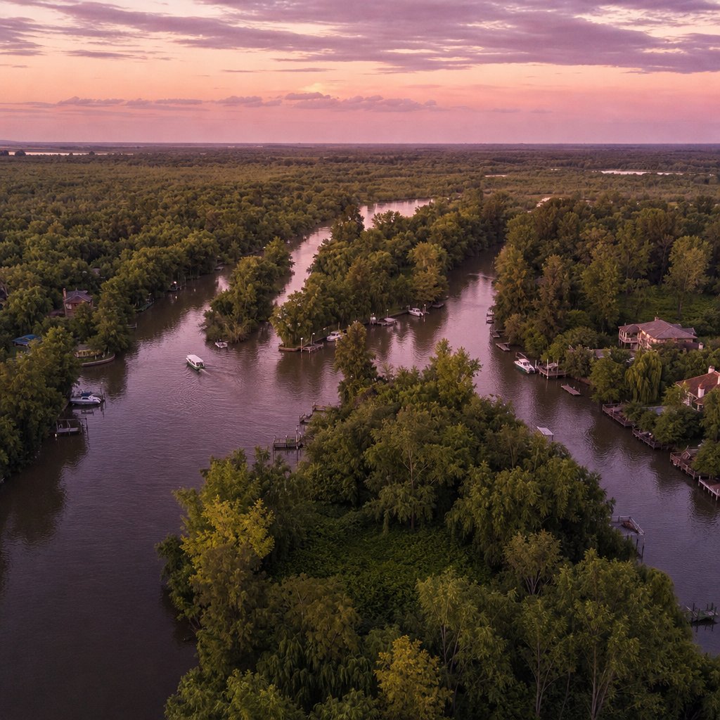 Vista aérea de un arroyo del Delta del Tigre al atardecer, entre islas forestadas