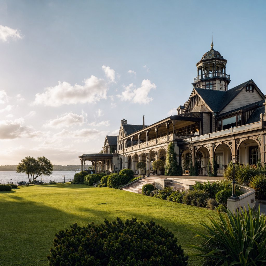 Fachada de un edificio histórico de estilo europeo con galería y jardín sobre la costanera de Tigre