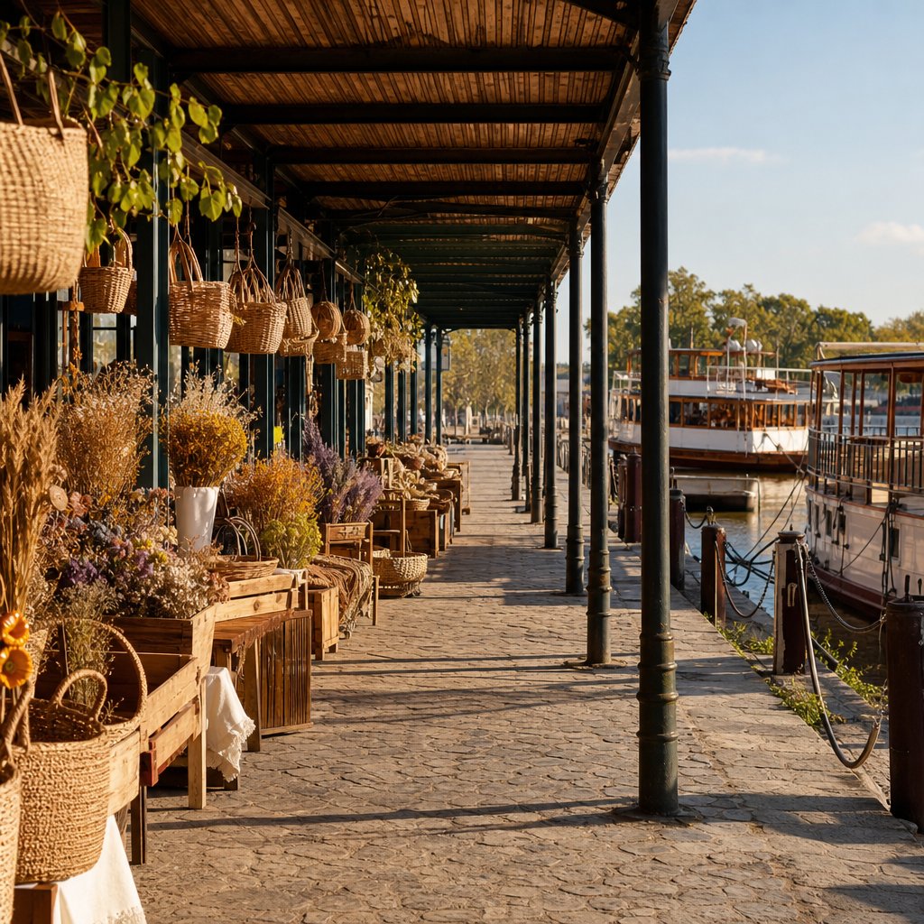 Puestos de artesanías y productos regionales bajo un paseo techado junto al río en Puerto de Frutos, Tigre