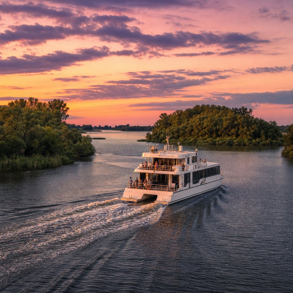 Catamarán navegando un canal del Delta del Tigre entre islas forestadas