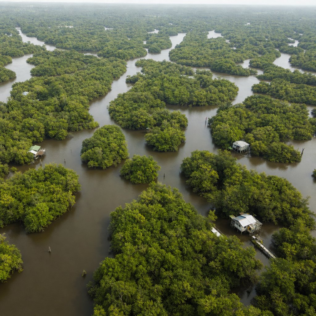 Vista aérea de arroyos angostos ramificándose entre islas forestadas del Delta del Tigre