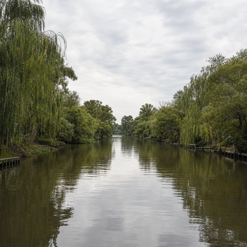 Arroyo tranquilo y despejado en el Delta del Tigre en un día nublado